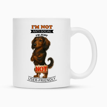 Tasse "Dackel ( Langhaar ) - Anti-Social" Weiß – hunde-shirt.de