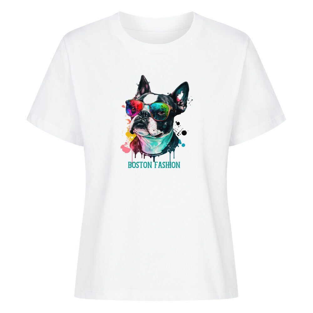 Premium Damen-Shirt "Boston Terrier - Fashion" Weiß – hunde-shirt.de
