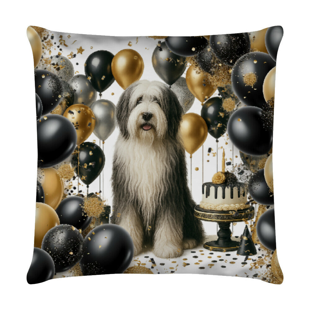 Kissen "Bearded Collie - Happy Birthday" Weiß – hunde-shirt.de