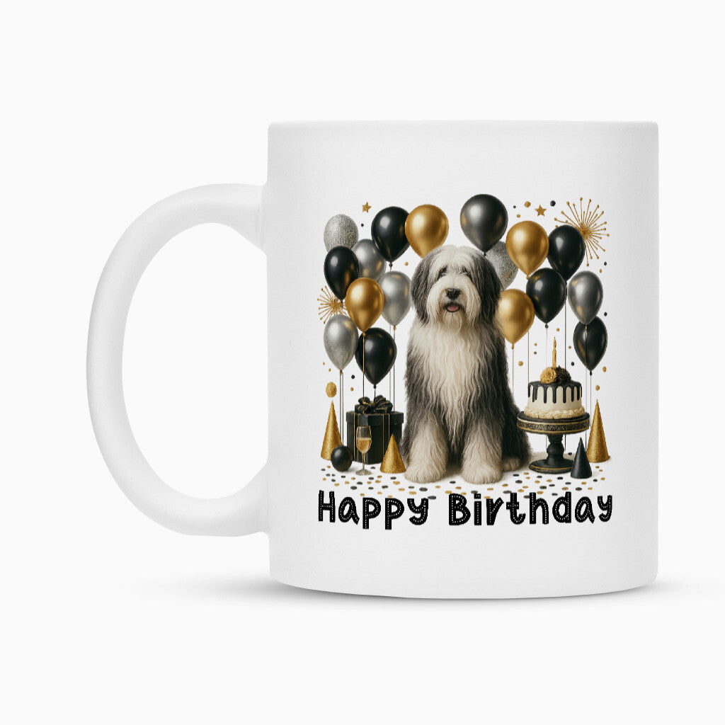 Tasse "Bearded Collie - Happy Birthday" Weiß – hunde-shirt.de