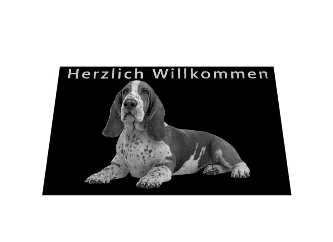 Fußmatte "Basset - Willkommen" Weiß – hunde-shirt.de