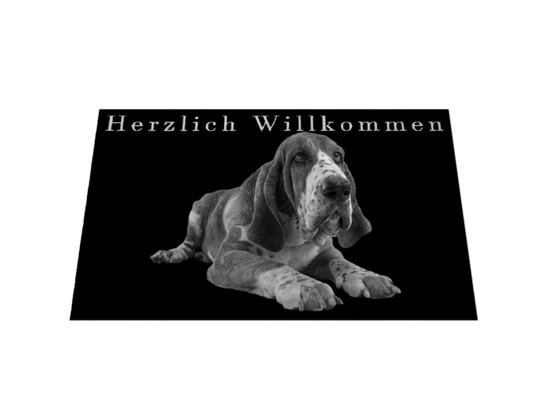 Fußmatte "Basset - Willkommen II" Weiß – hunde-shirt.de