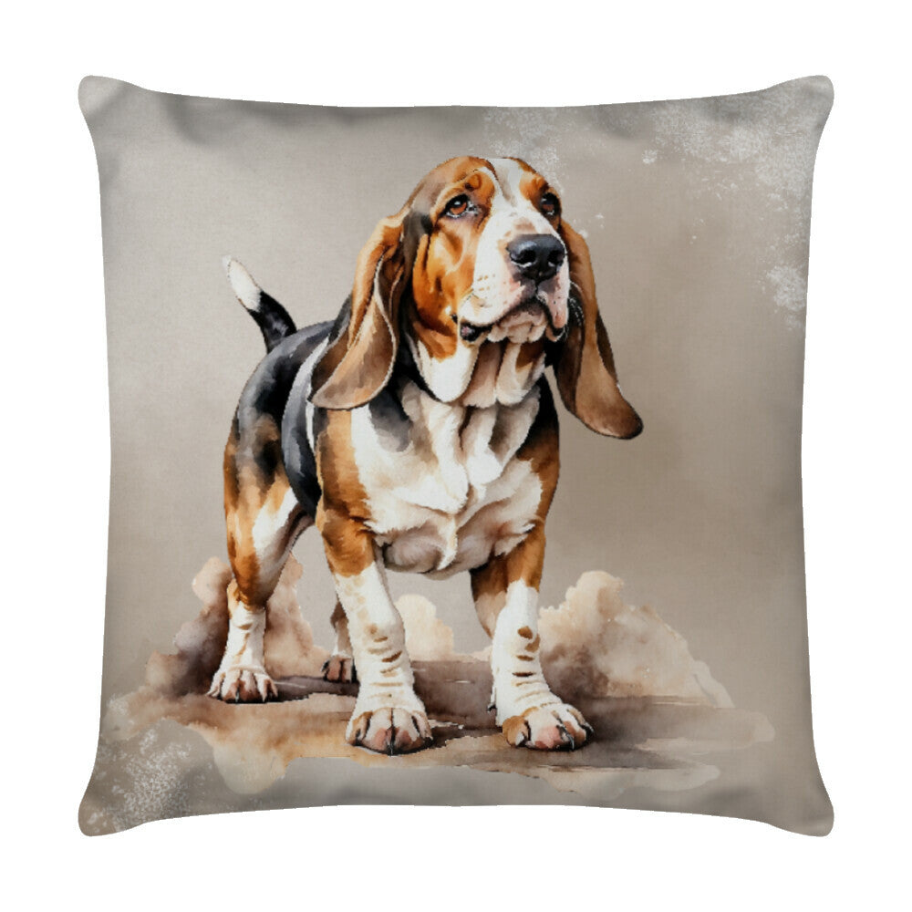 Kissen "Basset - Aufmerksam" Weiß – hunde-shirt.de