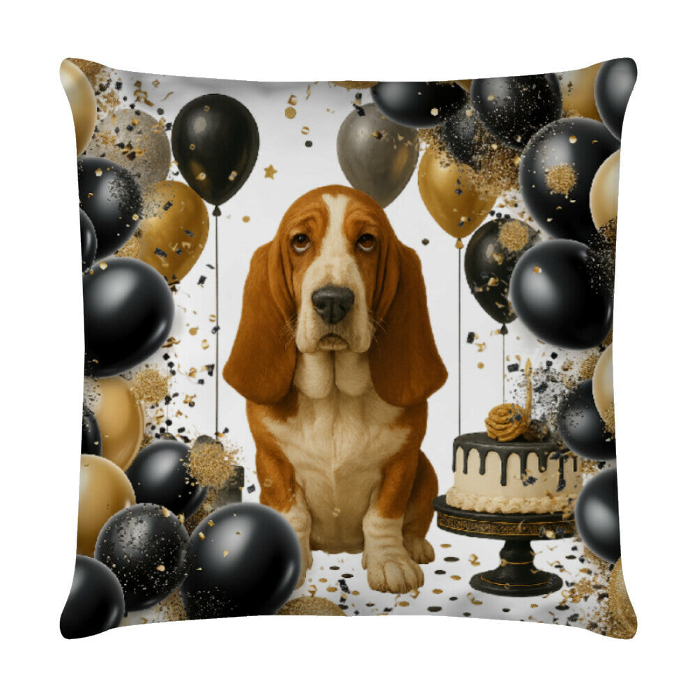 Kissen "Basset - Happy Birthday" Weiß – hunde-shirt.de