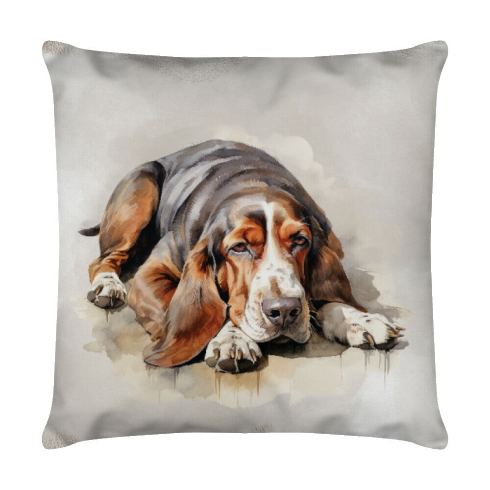 Kissen "Basset - Regentag" Weiß – hunde-shirt.de