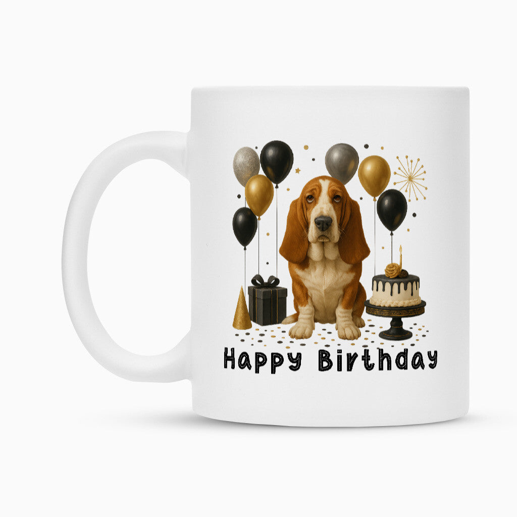 Tasse "Basset - Happy Birthday" Weiß – hunde-shirt.de