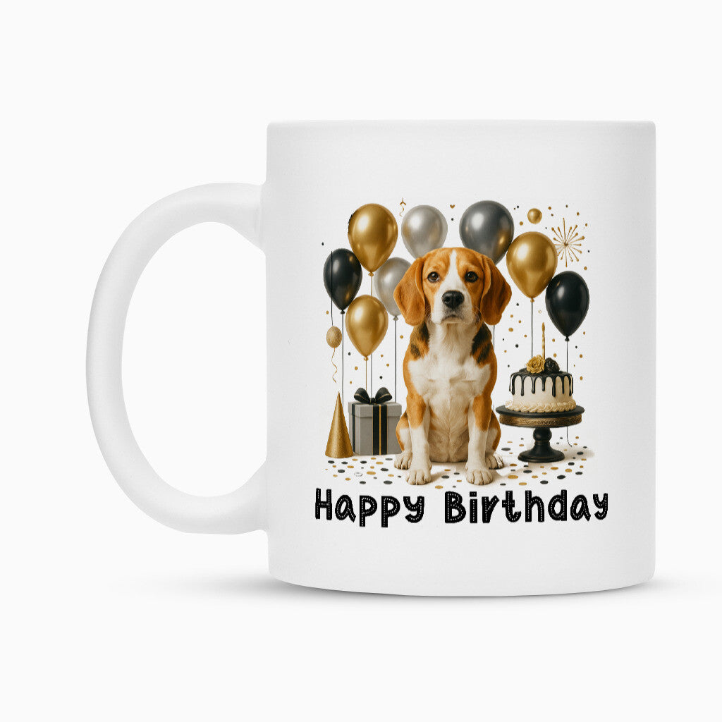 Tasse "Beagle - Happy Birthday" Weiß – hunde-shirt.de