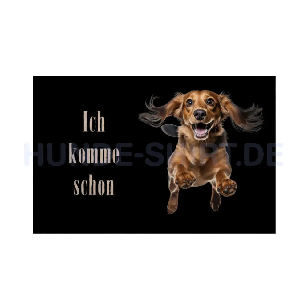 Fußmatte "Dackel Langhaar - Ich komme schon" Weiß – hunde-shirt.de