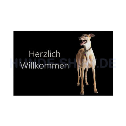 Fußmatte "Greyhound stehend - Herzlich Willkommen" Weiß – hunde-shirt.de