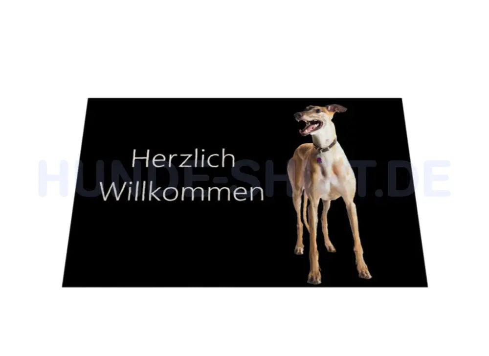 Fußmatte "Greyhound stehend - Herzlich Willkommen" – hunde-shirt.de