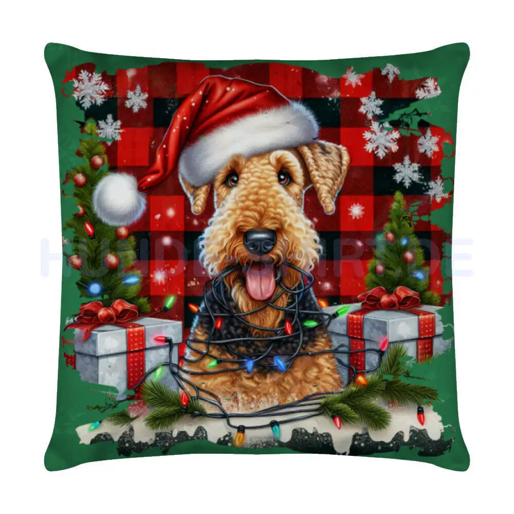 Kissen "Airedale Terrier - Funny Christmas" Weiß – hunde-shirt.de