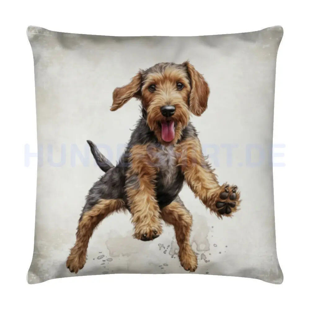 Kissen "Airedale Terrier - Jump" Weiß – hunde-shirt.de