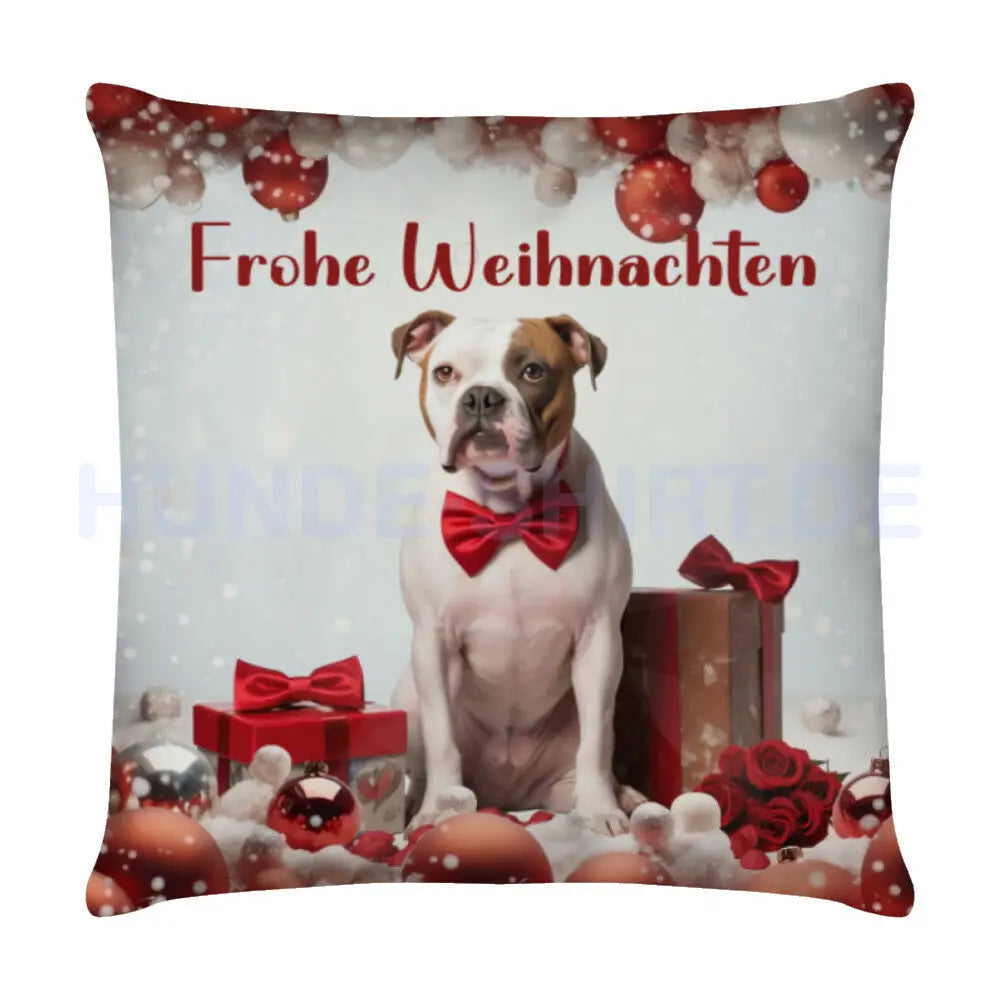 Kissen "American Bulldog ( Fliege ) - Frohe Weihnachten" Weiß – hunde-shirt.de