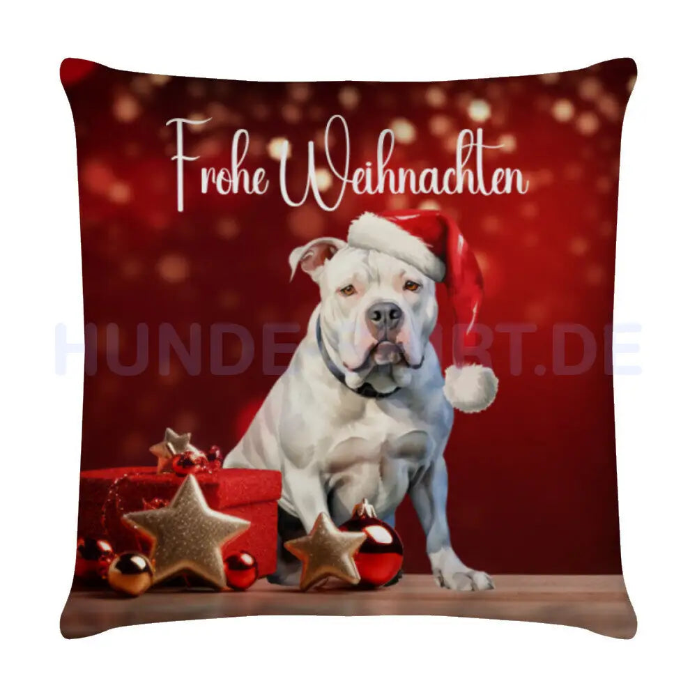 Kissen "American Bulldog ( Mütze ) - Frohe Weihnachten" Weiß – hunde-shirt.de