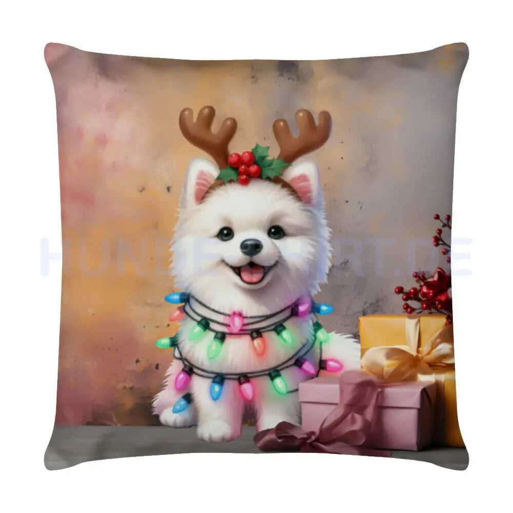 Kissen "American Eskimo - Pink Christmas" Weiß – hunde-shirt.de