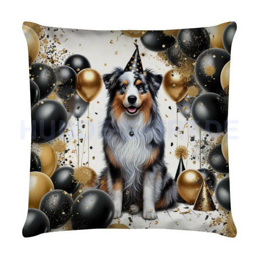 Kissen "Australian Shepherd - Happy Birthday 2" Weiß – hunde-shirt.de