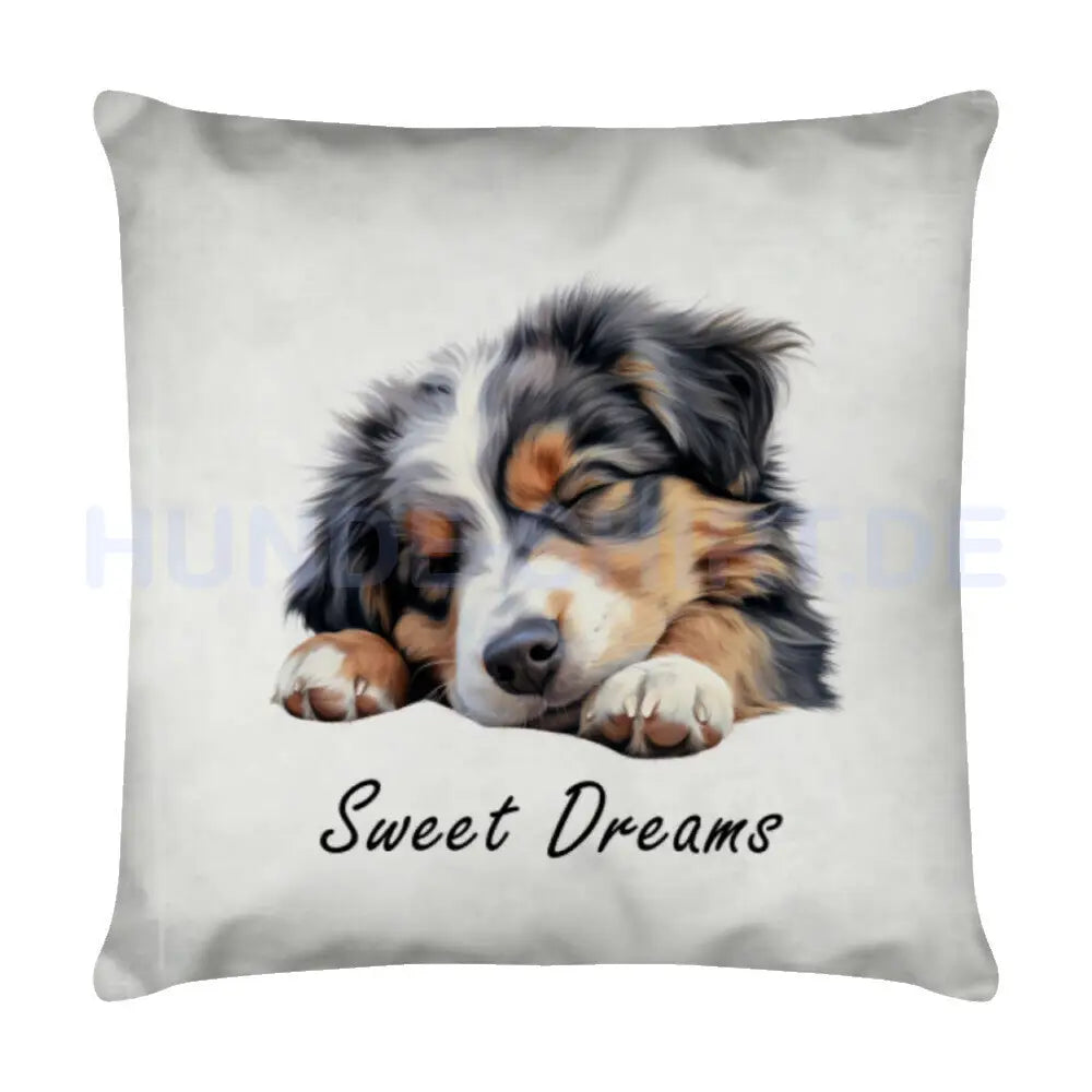 Kissen "Australian Shepherd Puppy - Sweet Dreams" Weiß – hunde-shirt.de