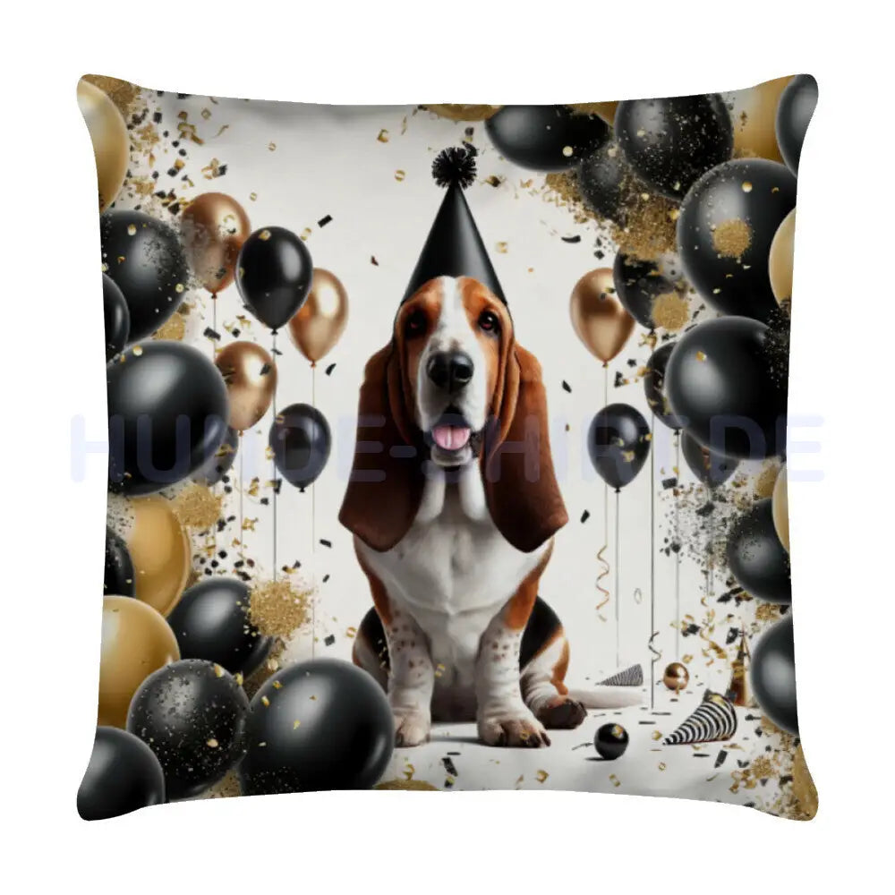 Kissen "Basset - Geburtstag" Weiß – hunde-shirt.de