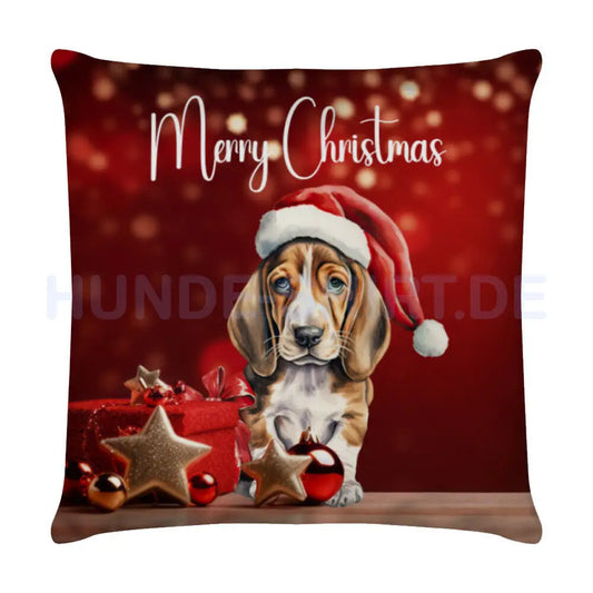 Kissen "Basset - Merry Christmas" Weiß – hunde-shirt.de