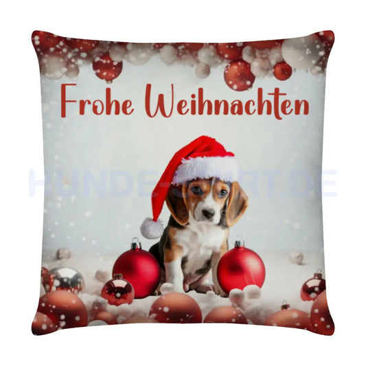 Kissen "Beagle Puppy - Frohe Weihnachten" Weiß – hunde-shirt.de