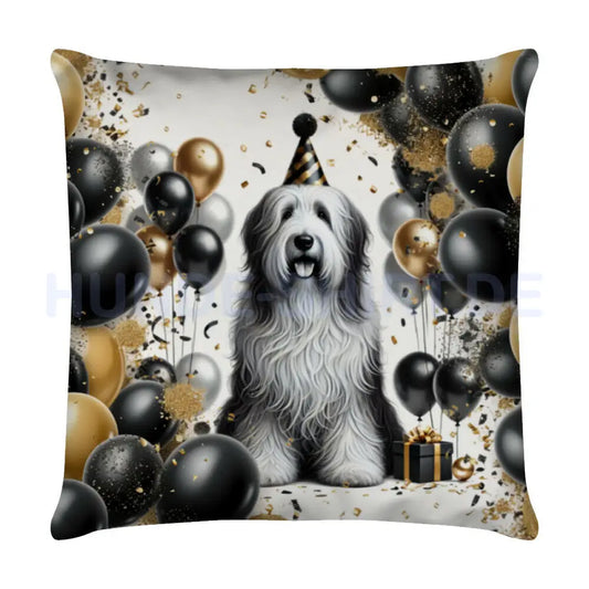 Kissen "Bearded Collie - Geburtstag" Weiß – hunde-shirt.de