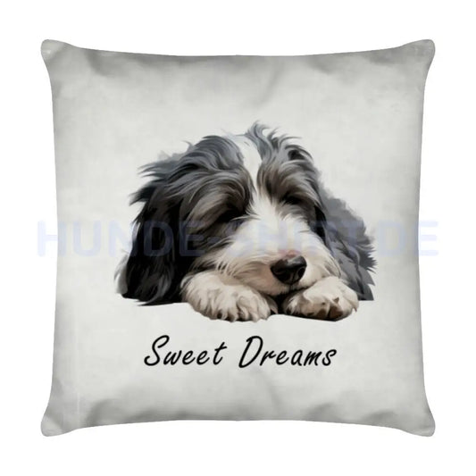 Kissen "Bearded Collie Puppy - Sweet Dreams" Weiß – hunde-shirt.de