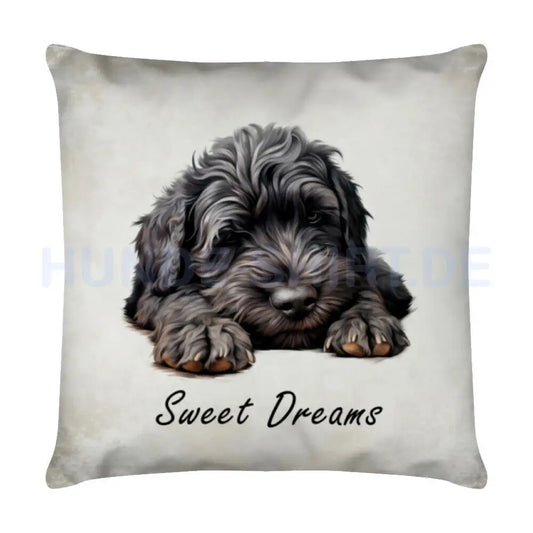 Kissen "Black Russian Puppy - Sweet Dreams" Weiß – hunde-shirt.de