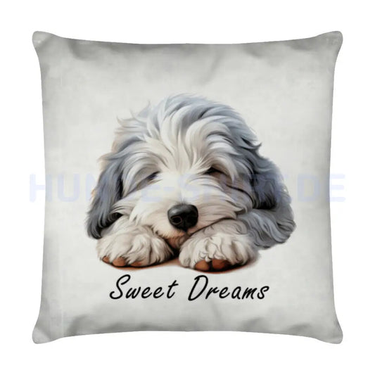 Kissen "Bobtail Puppy - Sweet Dreams" Weiß – hunde-shirt.de