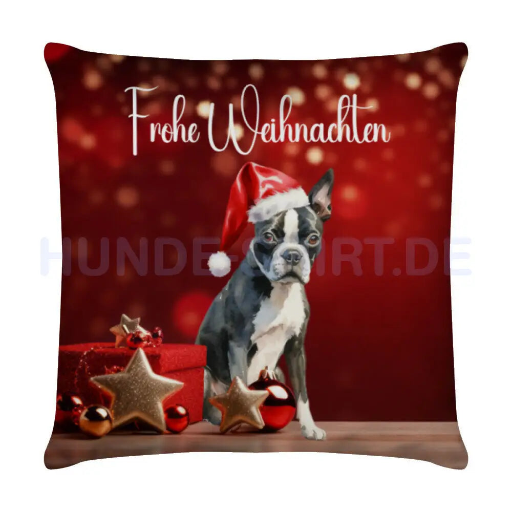 Kissen "Boston Terrier - Frohe Weihnachten" Weiß – hunde-shirt.de