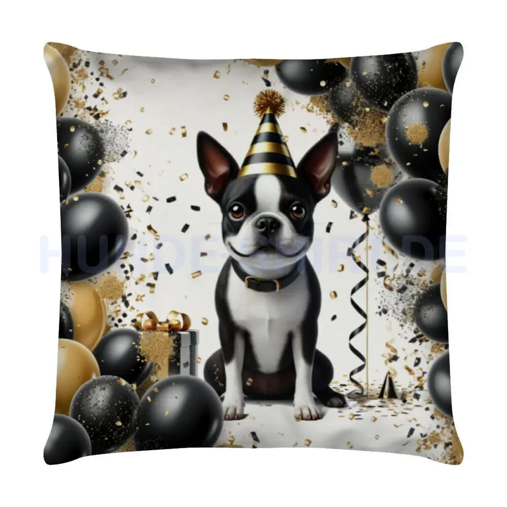 Kissen "Boston Terrier - Geburtstag" Weiß – hunde-shirt.de