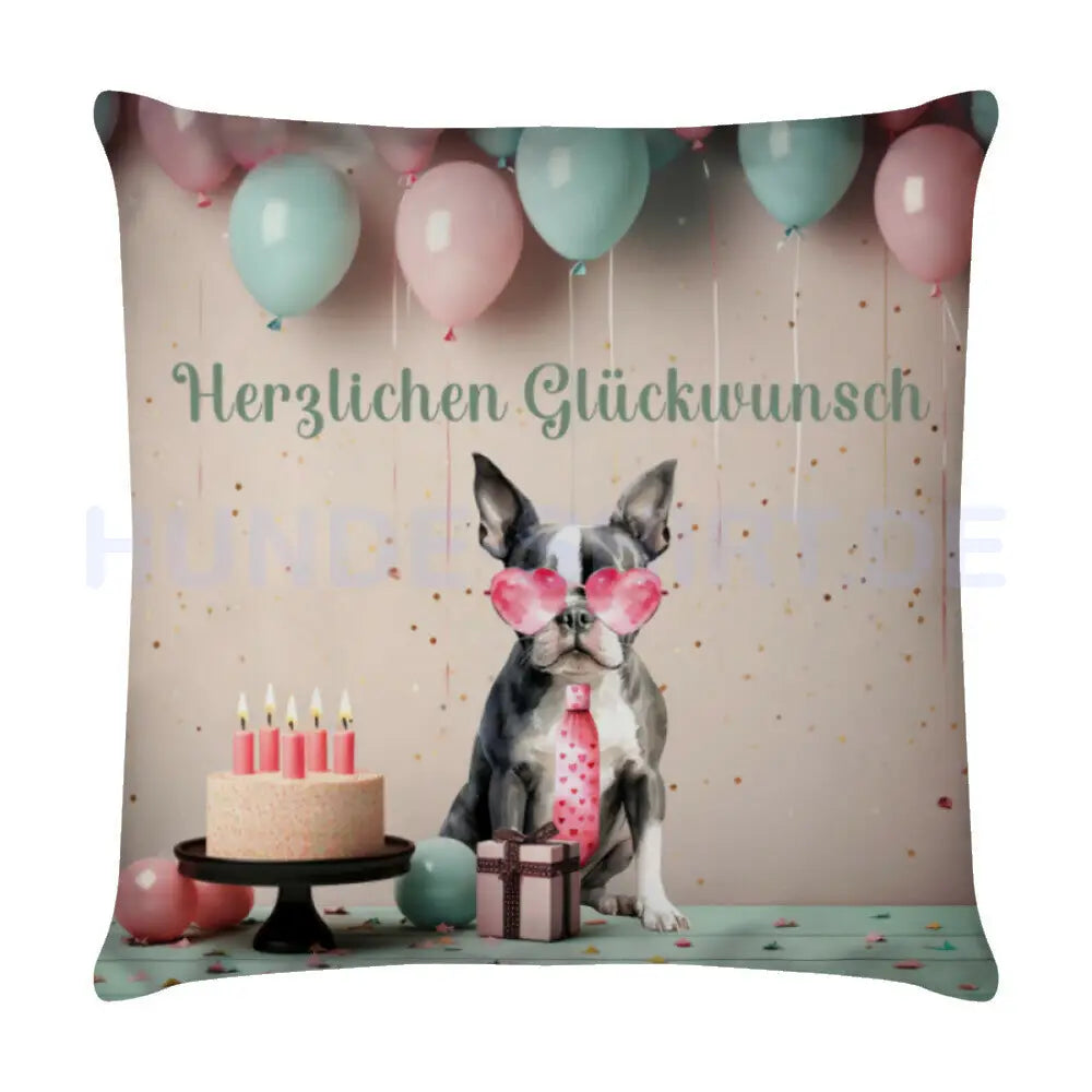 Kissen "Boston Terrier - Herzlichen Glückwunsch" Weiß – hunde-shirt.de