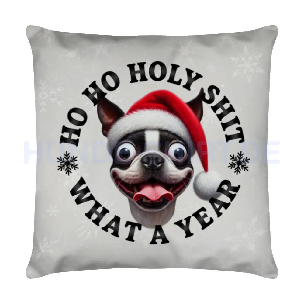 Kissen "Boston Terrier - HO HO..." Weiß – hunde-shirt.de