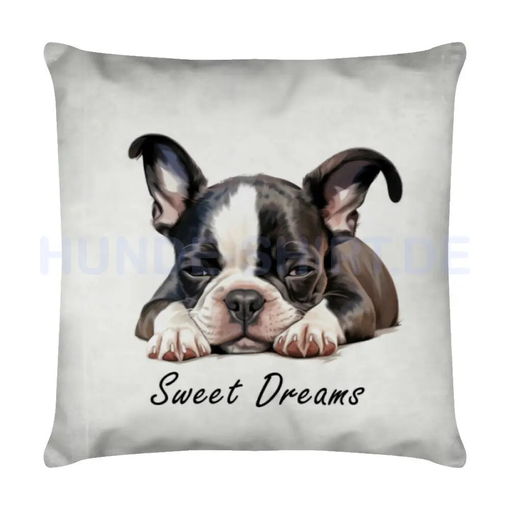 Kissen "Boston Terrier Puppy - Sweet Dreams" Weiß – hunde-shirt.de