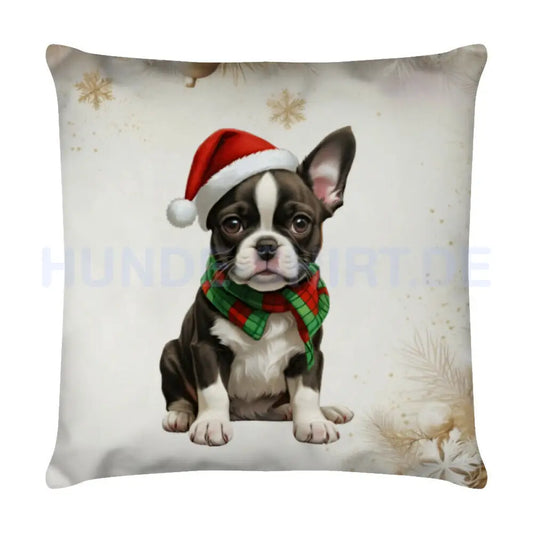 Kissen "Boston Terrier ( Puppy ) - Weihnachten" Weiß – hunde-shirt.de