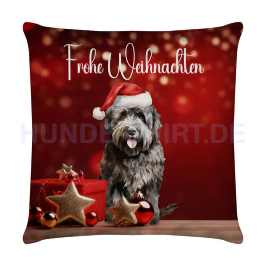 Kissen "Bouvier des Flandres - Frohe Weihnachten" Weiß – hunde-shirt.de