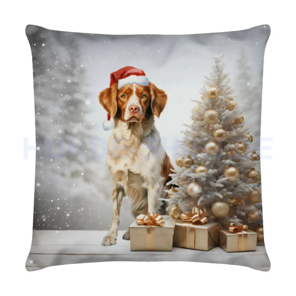 Kissen "Brittany Spaniel Weihnachten" Weiß – hunde-shirt.de