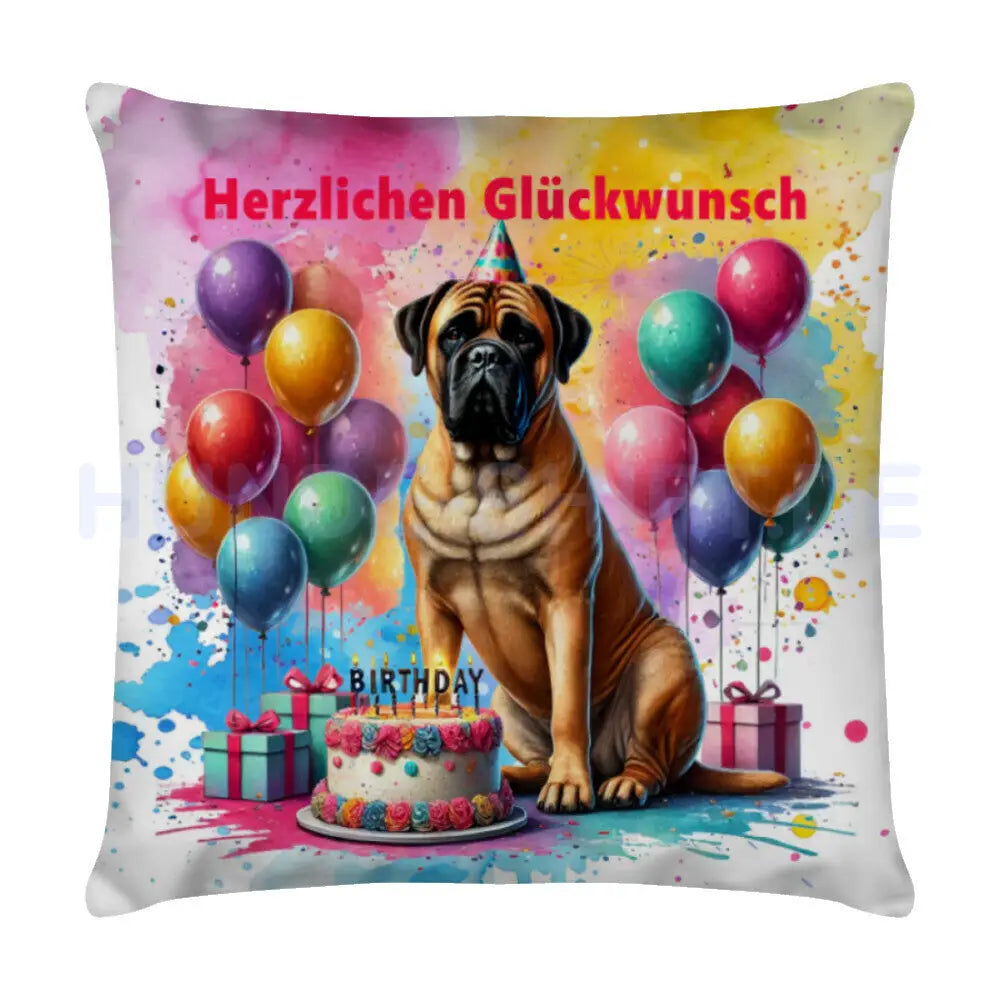 Kissen "Bullmastiff - Herzlichen Glückwunsch" Weiß – hunde-shirt.de