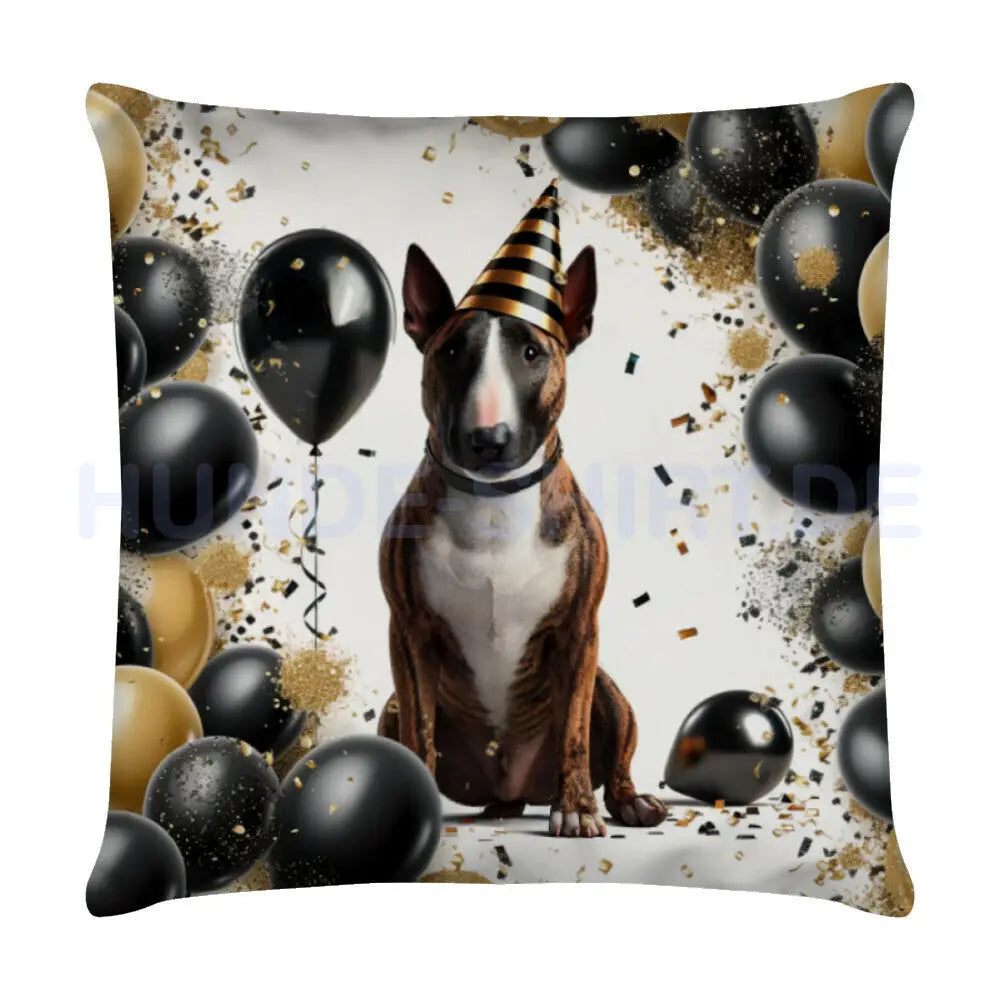 Kissen "Bullterrier ( braun ) - Geburtstag" Weiß – hunde-shirt.de