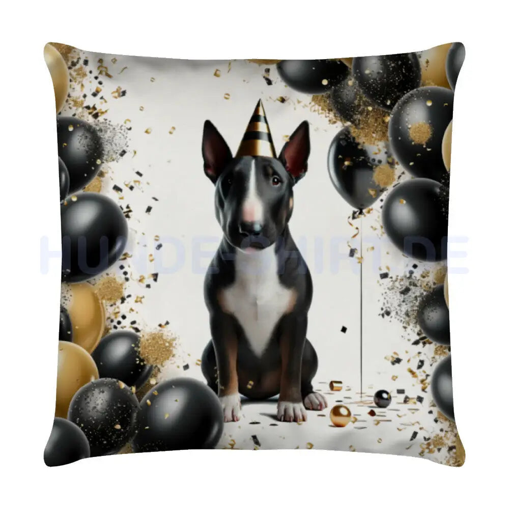 Kissen "Bullterrier ( dunkel ) - Geburtstag" Weiß – hunde-shirt.de