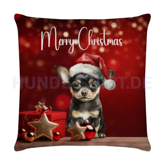 Kissen "Chihuahua dunkel - Merry Christmas" Weiß – hunde-shirt.de