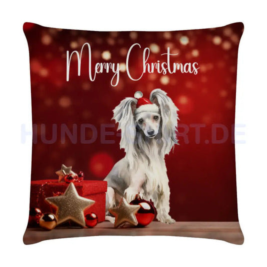 Kissen "Chinese Crested - Merry Christmas" Weiß – hunde-shirt.de