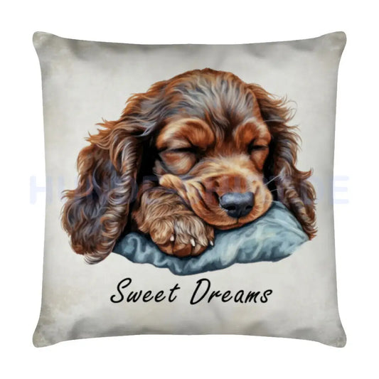 Kissen "Cocker Puppy dunkel - Sweet Dreams" Weiß – hunde-shirt.de