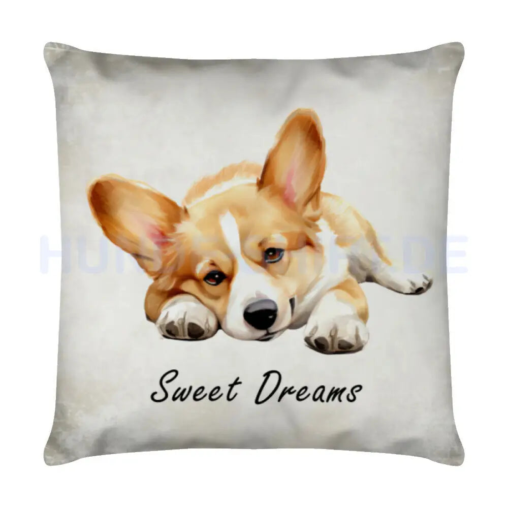 Kissen "Corgi Cardigan - Sweet Dreams" Weiß – hunde-shirt.de