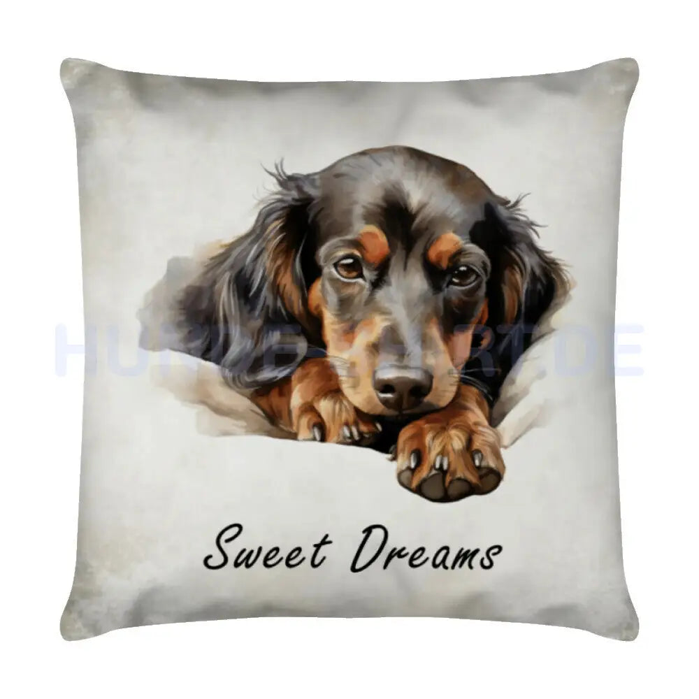 Kissen "Dackel ( Langhaar ) - Sweet Dreams" Weiß – hunde-shirt.de