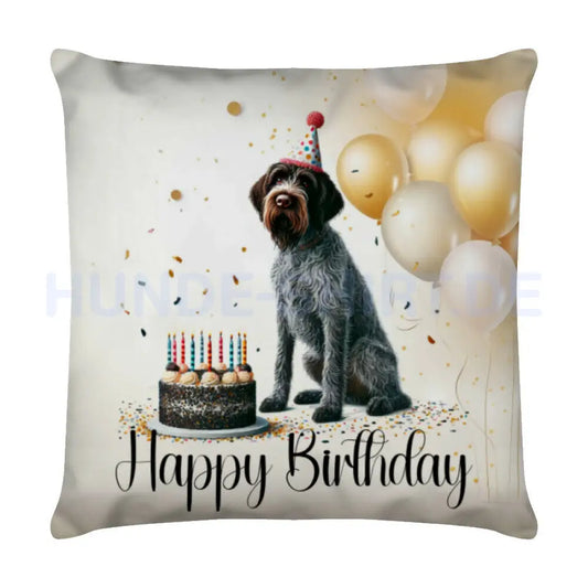 Kissen "Deutsch Drahthaar - Happy Birthday" Weiß – hunde-shirt.de