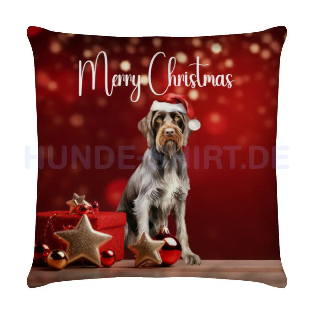 Kissen "Deutsch Drahthaar - Merry Christmas" Weiß – hunde-shirt.de