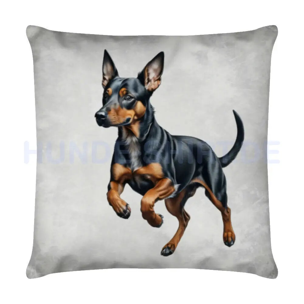 Kissen "Deutscher Pinscher - Jump" Weiß – hunde-shirt.de