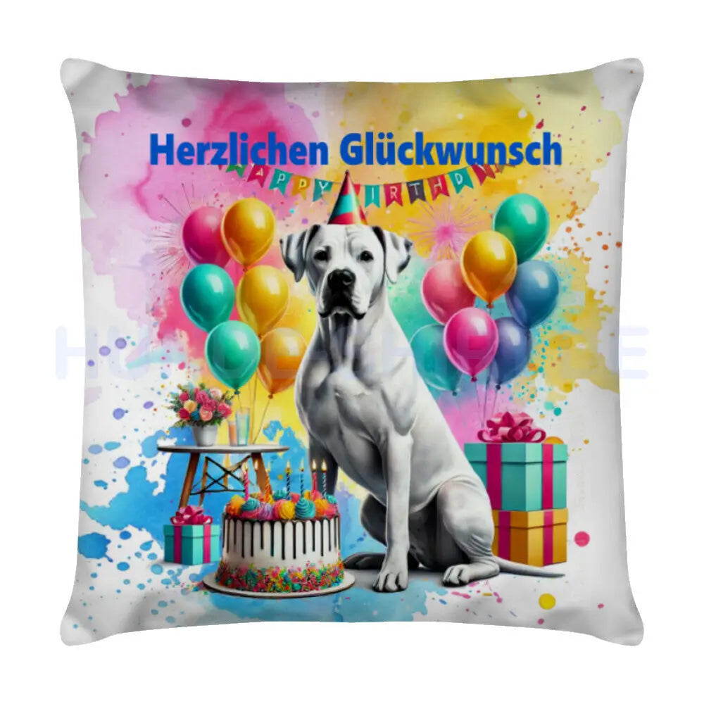 Kissen "Dogo Argentino - Herzlichen Glückwunsch" Weiß – hunde-shirt.de