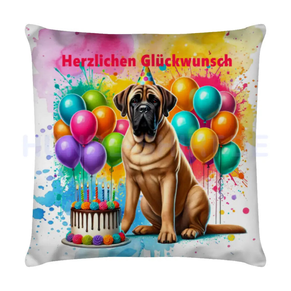 Kissen "English Mastiff - Herzlichen Glückwunsch" Weiß – hunde-shirt.de