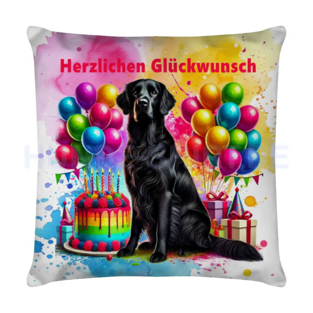 Kissen "Flat Coated - Herzlichen Glückwunsch" Weiß – hunde-shirt.de